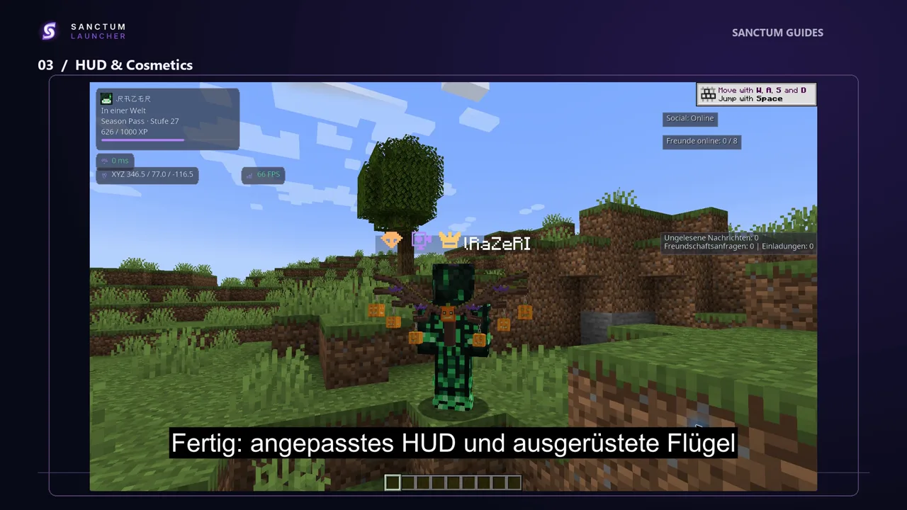 Spielfigur mit ausgerüsteten Flügeln im Spiel