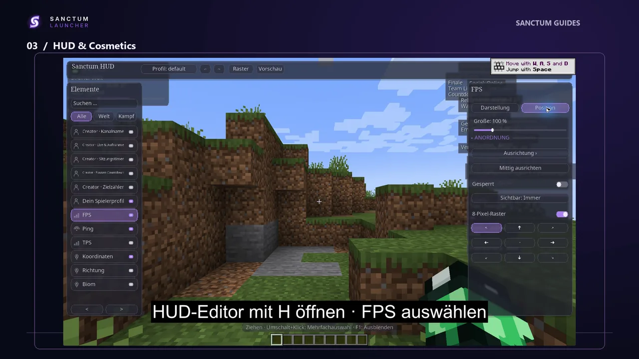 HUD-Editor im Spiel mit auswählbaren Anzeigemodulen