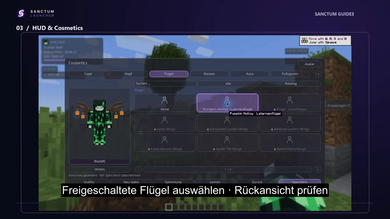 Sanctum Hub mit auswählbaren Flügeln und Vorschau der Spielfigur