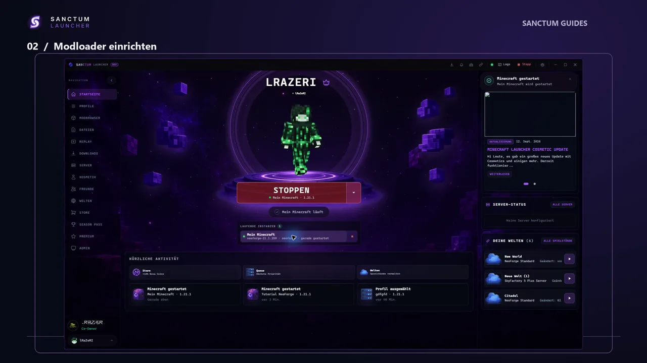 Launcher mit laufendem Spiel, Profilübersicht und Spielervorschau