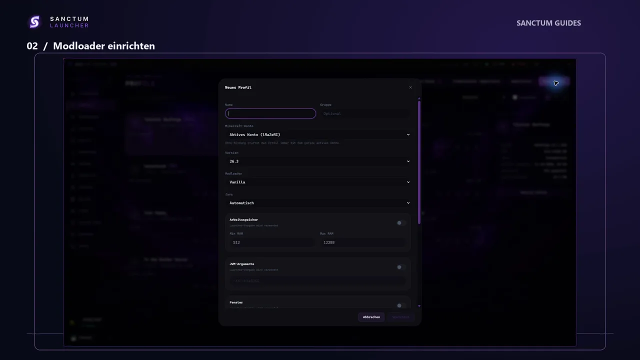 Profilverwaltung im Sanctum MC Launcher