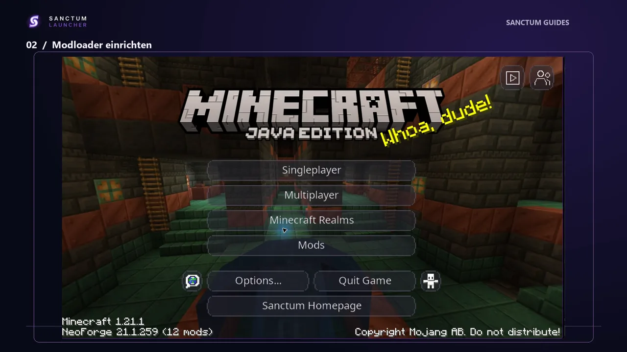 Minecraft-Hauptmenü mit geladenen Sanctum-Mods