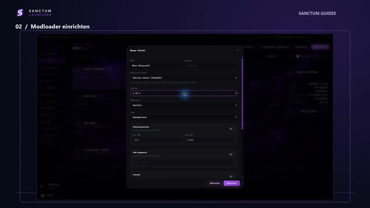 Launcher-Profil mit Auswahl von Minecraft-Version und Modloader