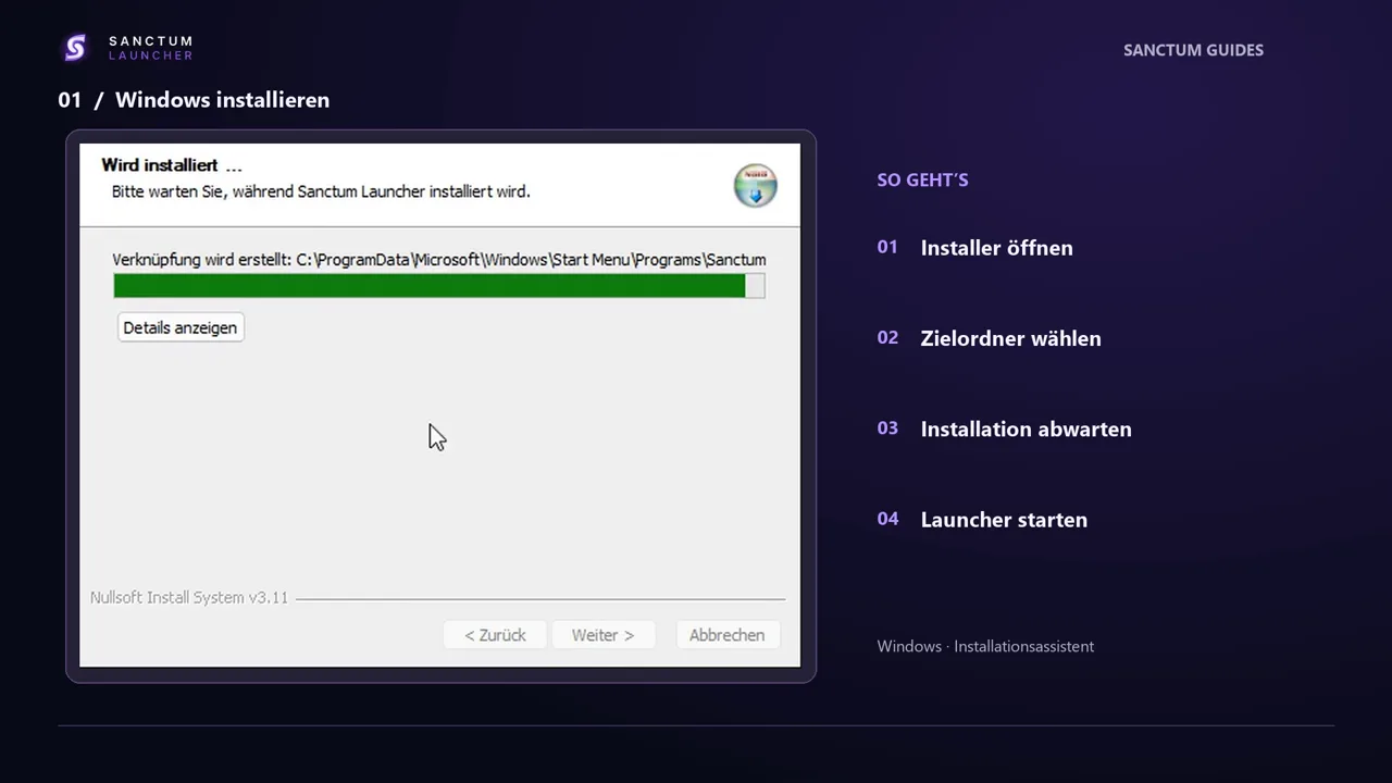 Fortschrittsanzeige der Sanctum Launcher Installation