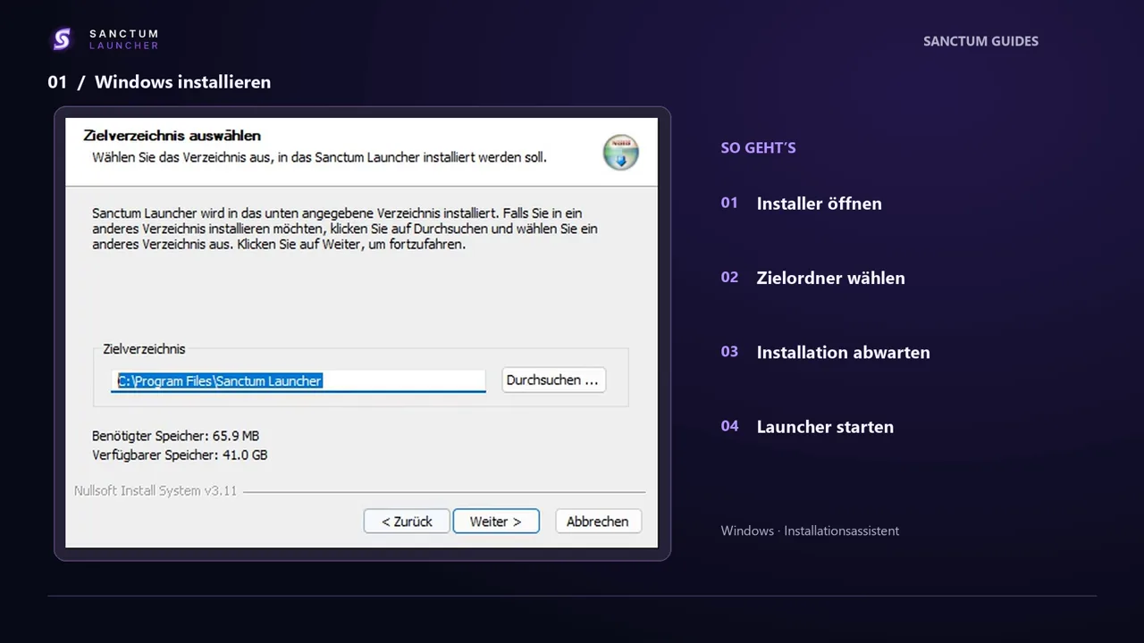 Auswahl des Zielordners im Sanctum Launcher Setup