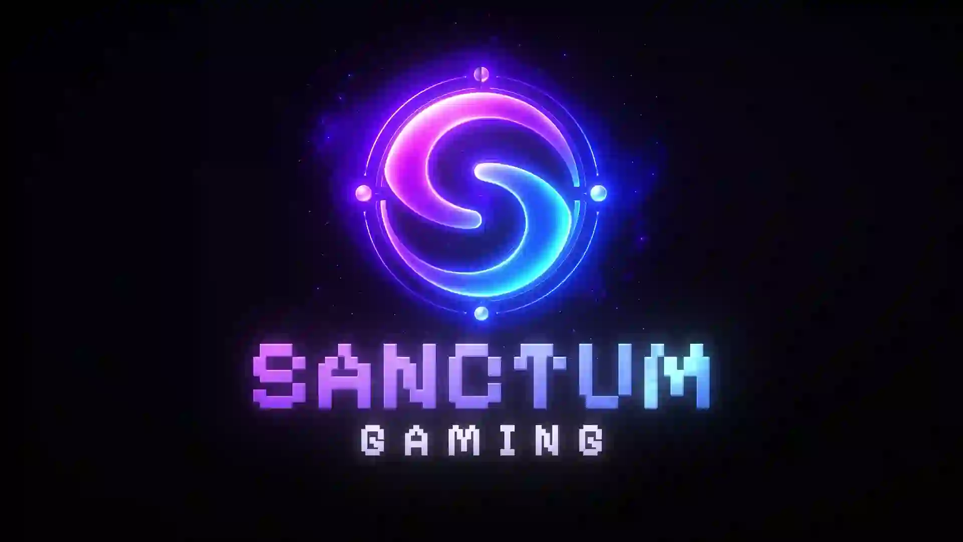 Sanctum Gaming – leuchtendes Studiologo in Violett und Cyan